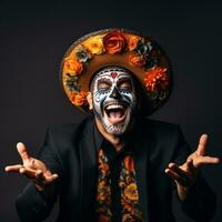 man in Day of the Dead makeup with playful pose AI Generative photo