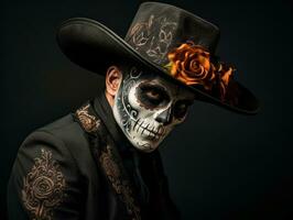 man in Day of the Dead makeup with playful pose AI Generative photo