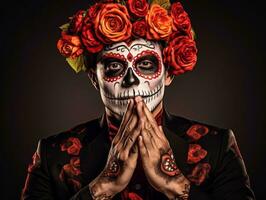 man in Day of the Dead makeup with playful pose AI Generative photo