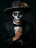 man in Day of the Dead makeup with playful pose AI Generative photo