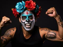 man in Day of the Dead makeup with playful pose AI Generative photo