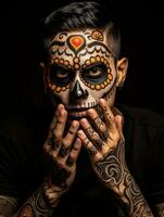 man in Day of the Dead makeup with playful pose AI Generative photo