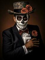 man in Day of the Dead makeup with playful pose AI Generative photo