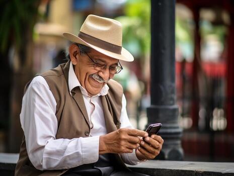 old man from Colombia using a smartphone for online communication AI Generative photo