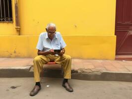 antiguo hombre desde Colombia utilizando un teléfono inteligente para en línea comunicación ai generativo foto