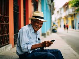 old man from Colombia using a smartphone for online communication AI Generative photo