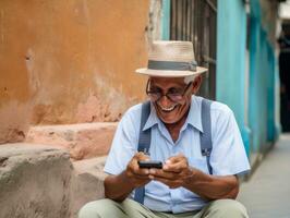 old man from Colombia using a smartphone for online communication AI Generative photo