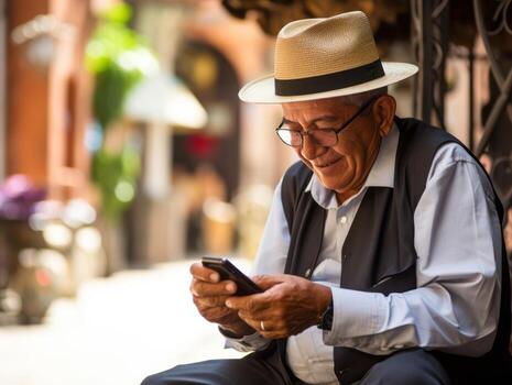 old man from Colombia using a smartphone for online communication AI Generative photo