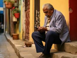 old man from Colombia using a smartphone for online communication AI Generative photo