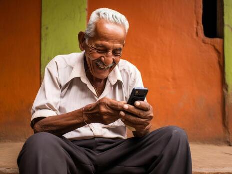 old man from Colombia using a smartphone for online communication AI Generative photo