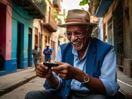 old man from Colombia using a smartphone for online communication AI Generative photo