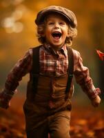 europeo niño en juguetón emocional dinámica actitud en otoño antecedentes ai generativo foto