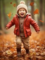 European kid in playful emontional dynamic pose on autumn background AI Generative photo