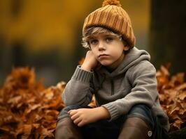 European kid in playful emontional dynamic pose on autumn background AI Generative photo