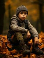 European kid in playful emontional dynamic pose on autumn background AI Generative photo