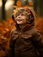 European kid in playful emontional dynamic pose on autumn background AI Generative photo