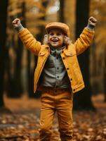 European kid in playful emontional dynamic pose on autumn background AI Generative photo