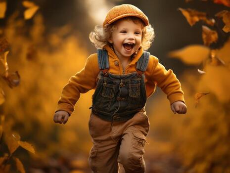 European kid in playful emontional dynamic pose on autumn background AI Generative photo