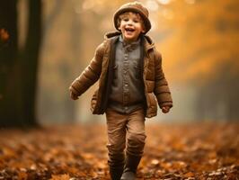 European kid in playful emontional dynamic pose on autumn background AI Generative photo