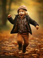 European kid in playful emontional dynamic pose on autumn background AI Generative photo