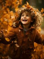 European kid in playful emontional dynamic pose on autumn background AI Generative photo