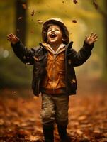 European kid in playful emontional dynamic pose on autumn background AI Generative photo