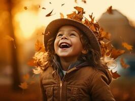 European kid in playful emontional dynamic pose on autumn background AI Generative photo