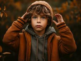 European kid in playful emontional dynamic pose on autumn background AI Generative photo