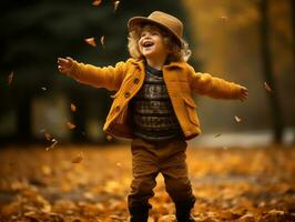 European kid in playful emontional dynamic pose on autumn background AI Generative photo