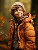 European kid in playful emontional dynamic pose on autumn background AI Generative photo