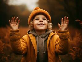 europeo niño en juguetón emocional dinámica actitud en otoño antecedentes ai generativo foto