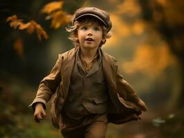 European kid in playful emontional dynamic pose on autumn background AI Generative photo