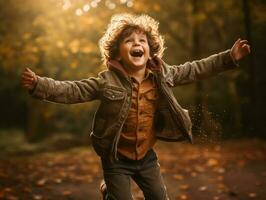 europeo niño en juguetón emocional dinámica actitud en otoño antecedentes ai generativo foto