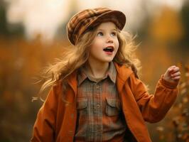 European kid in playful emontional dynamic pose on autumn background AI Generative photo