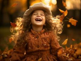 European kid in playful emontional dynamic pose on autumn background AI Generative photo