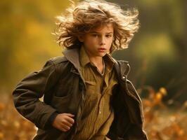 European kid in playful emontional dynamic pose on autumn background AI Generative photo