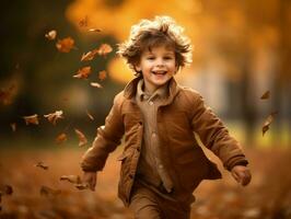 European kid in playful emontional dynamic pose on autumn background AI Generative photo
