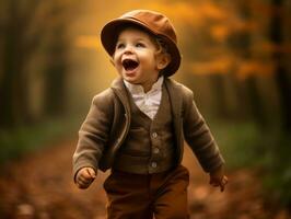 European kid in playful emontional dynamic pose on autumn background AI Generative photo