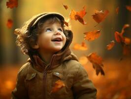 European kid in playful emontional dynamic pose on autumn background AI Generative photo