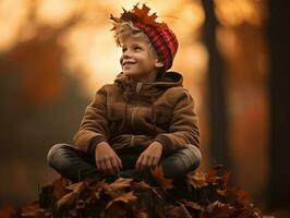 European kid in playful emontional dynamic pose on autumn background AI Generative photo