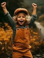 European kid in playful emontional dynamic pose on autumn background AI Generative photo