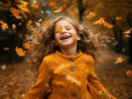 European kid in playful emontional dynamic pose on autumn background AI Generative photo