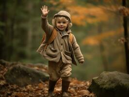 European kid in playful emontional dynamic pose on autumn background AI Generative photo