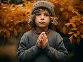 European kid in playful emontional dynamic pose on autumn background AI Generative photo