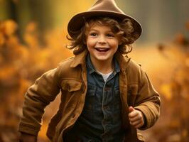 European kid in playful emontional dynamic pose on autumn background AI Generative photo