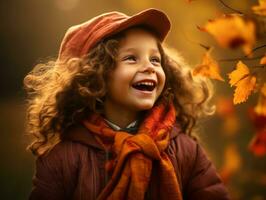 European kid in playful emontional dynamic pose on autumn background AI Generative photo