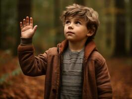 europeo niño en juguetón emocional dinámica actitud en otoño antecedentes ai generativo foto