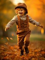 European kid in playful emontional dynamic pose on autumn background AI Generative photo