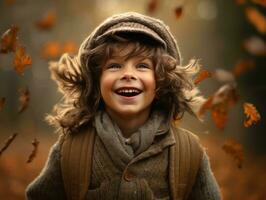 European kid in playful emontional dynamic pose on autumn background AI Generative photo