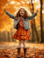 European kid in playful emontional dynamic pose on autumn background AI Generative photo